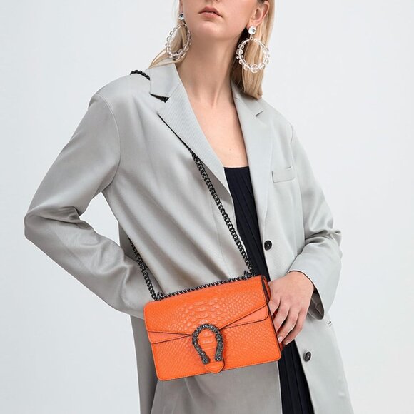 ⚡ Women's Orange Snake Vegan Leather Print Casual Satchel Crossbody Handbag - Picture 3 of 7